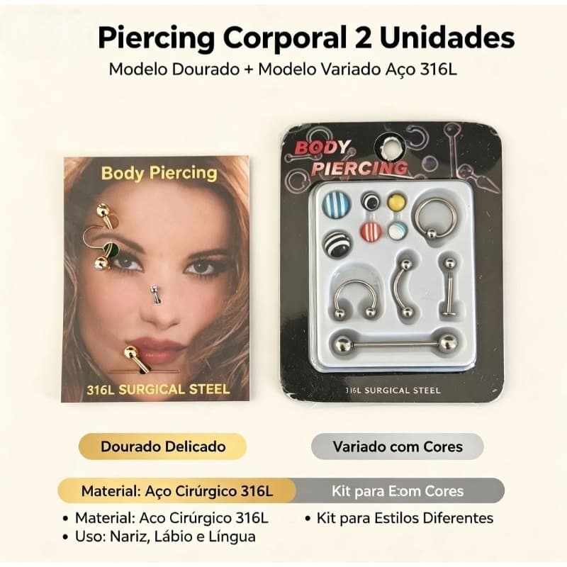 Kit Piercing Corporal 2 Unidades Aço Cirúrgico 316L Piercing Nariz Lábio Língua Argola Variados