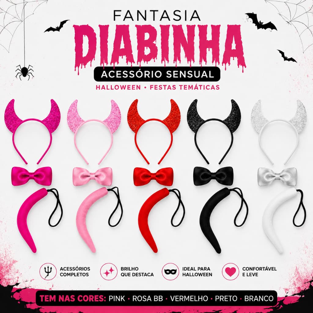 Kit Fantasia Sensual Diabinho Acessorio Arrasador para Halloween Dia das Bruxas Festas Tématicas