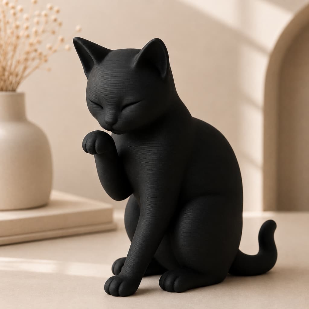 Gato Preto Lambendo Pata Escultura Decorativa Moderna para Sala Mesa Presente Premium Elegante