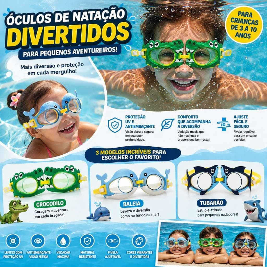 Óculos de Natação Infantil Divertidos Tematicos com Ajuste Confortável e Vedação Perfeita para Piscina Praia Verão