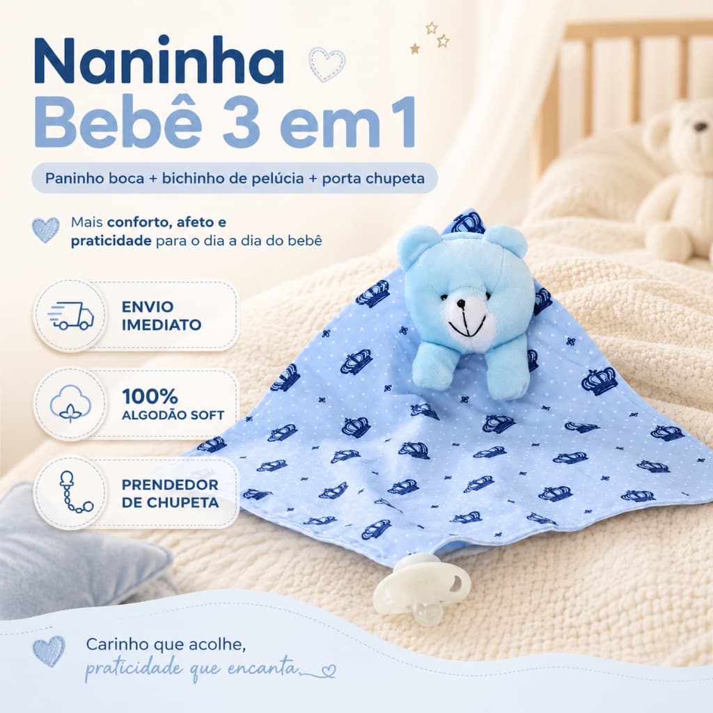 Naninha Bebê 3 em 1 com Porta Chupeta Bichinho e Paninho 25x25cm Enxoval Bebê