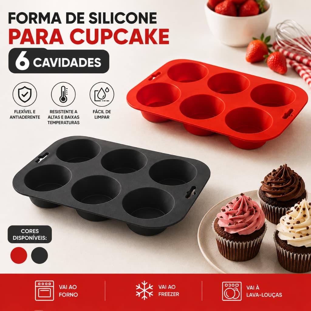 FORMA SILICONE 6 COMPATIMENTO DOCE BOLO CUPCAKE DURAVEL RESISTENTE ANTIADERENTE RESISTENTE SOBREMESA