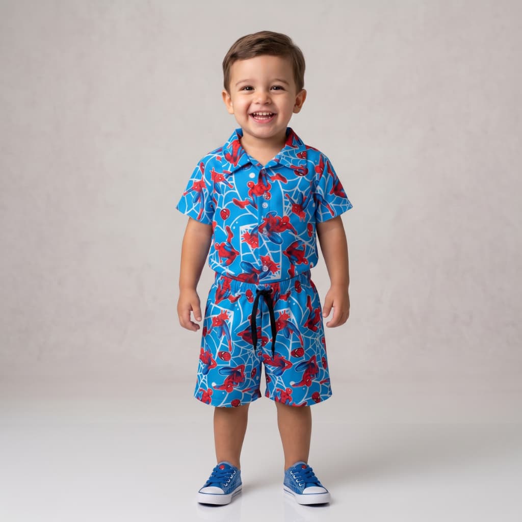 conjunto infantil, menino, 1 a 8 anos, tactel, mauricinho, camisa, shorts e Homem Aranha.