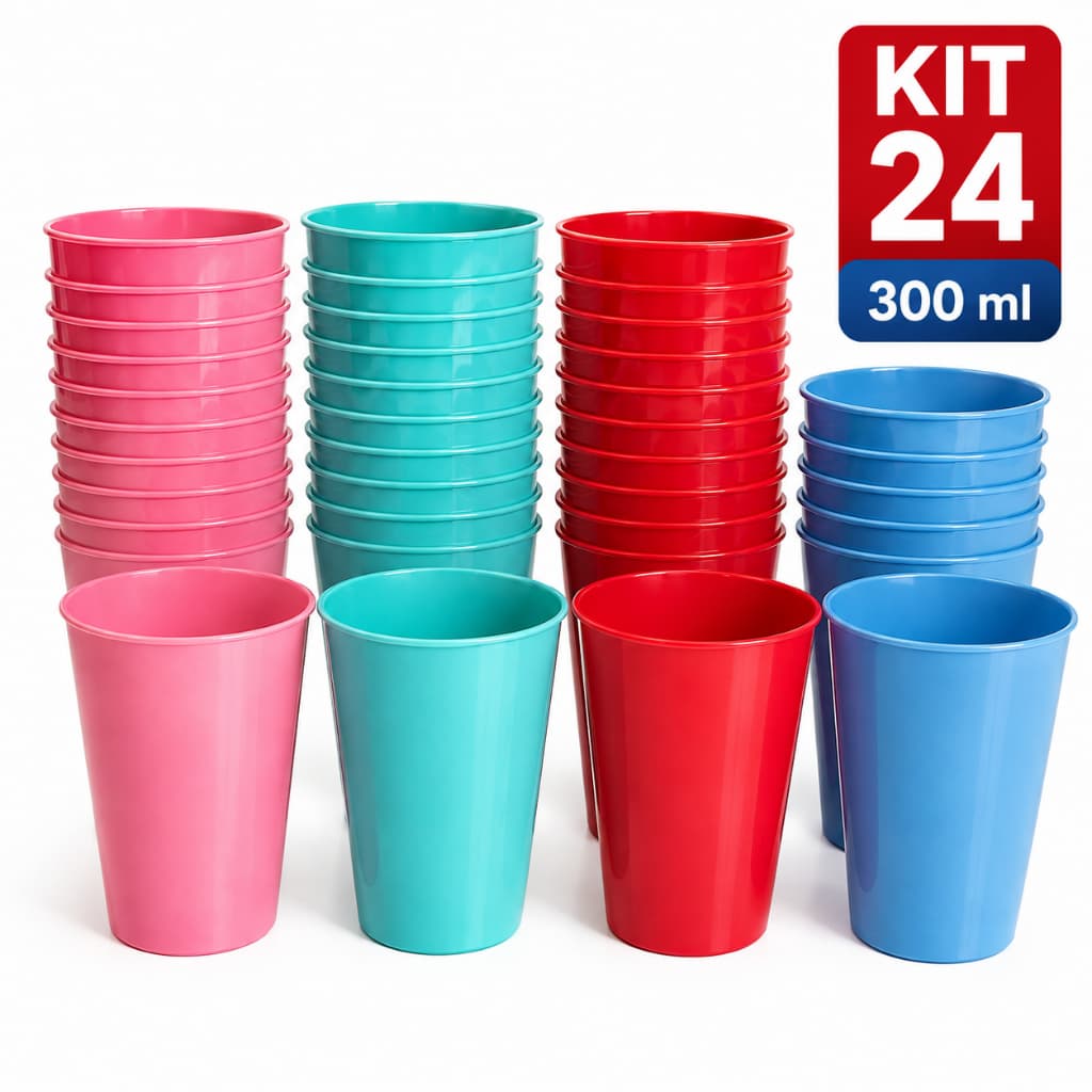 Kit 24 Copos Plástico Reutilizáveis 300ml Resistentes Cores Sortidas Festa Churrasco
