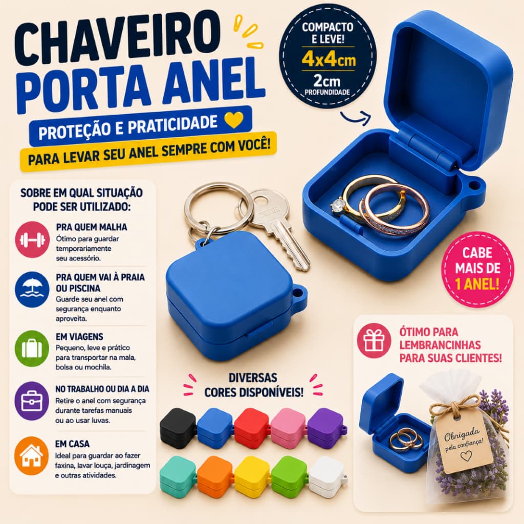Chaveiro Porta Anel 4x4cm | Porta Joias Compacto para Anéis e Alianças | Lembrancinha para Clientes