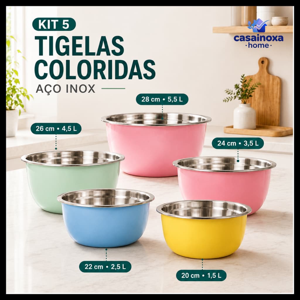 Kit 5 Tigelas Aço Inox Saladeira Multiuso Conjunto Bowl Bacia para Cozinha 20 a 28cm