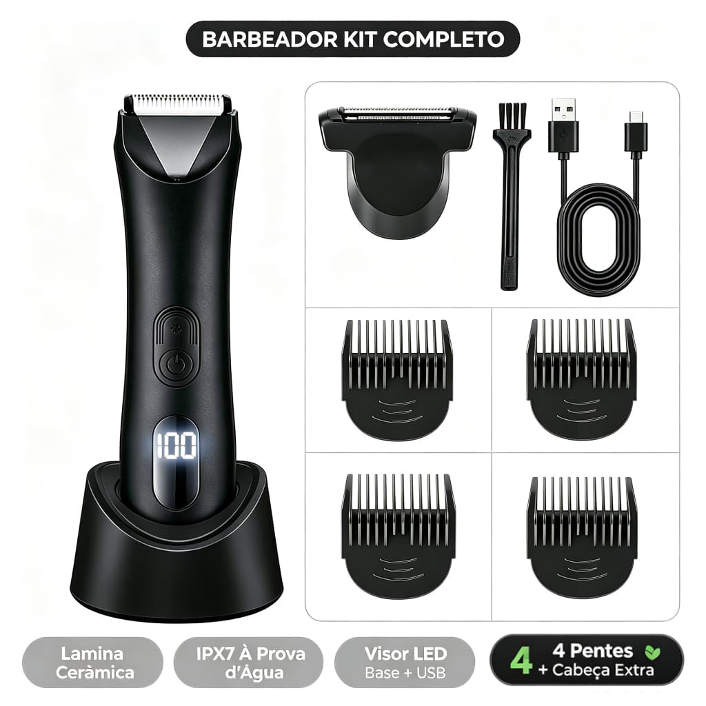 Aparador de Pelos Corporais e Íntimos Barbeador Elétrico com Display LED e Base Recarregável Kit 2 em 1
