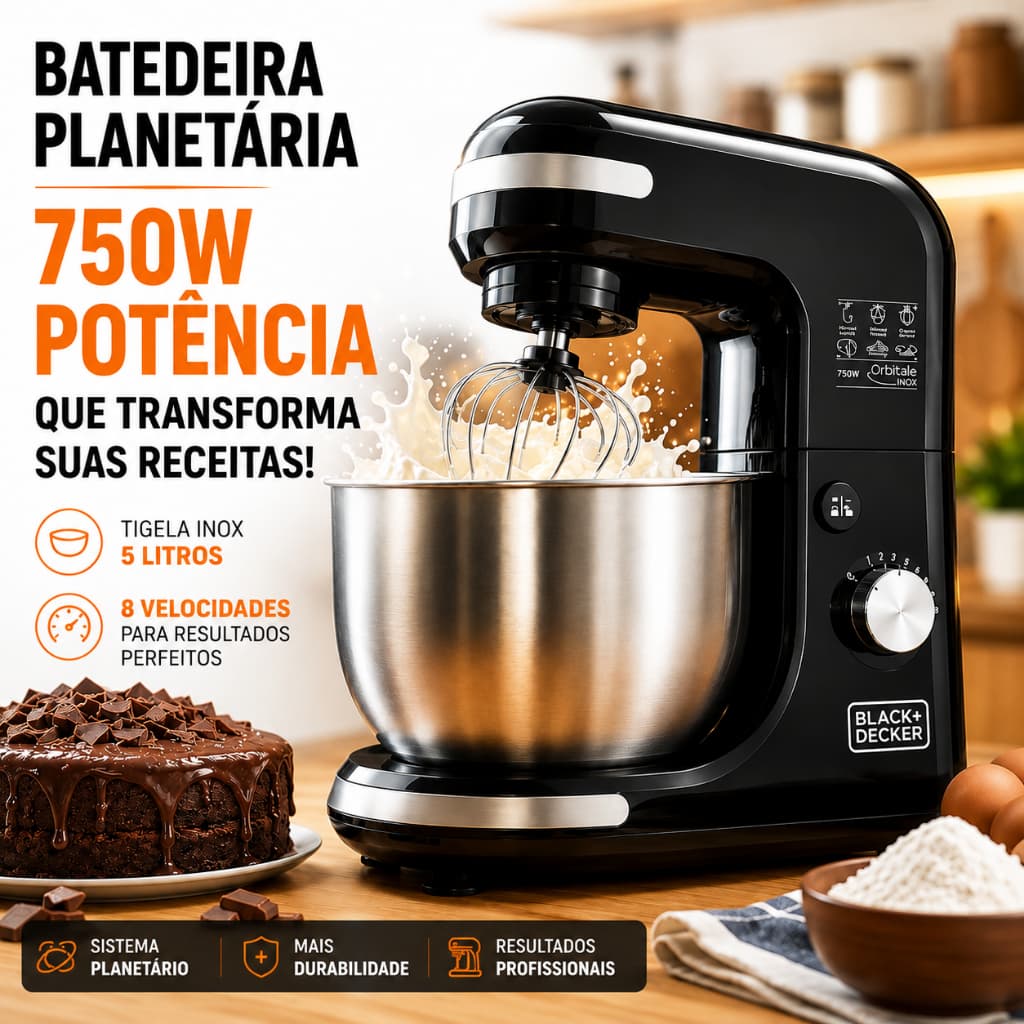 Batedeira Planetária Black Decker 750W 5L Inox 127V Profissional Para Bolos Pães e Massas