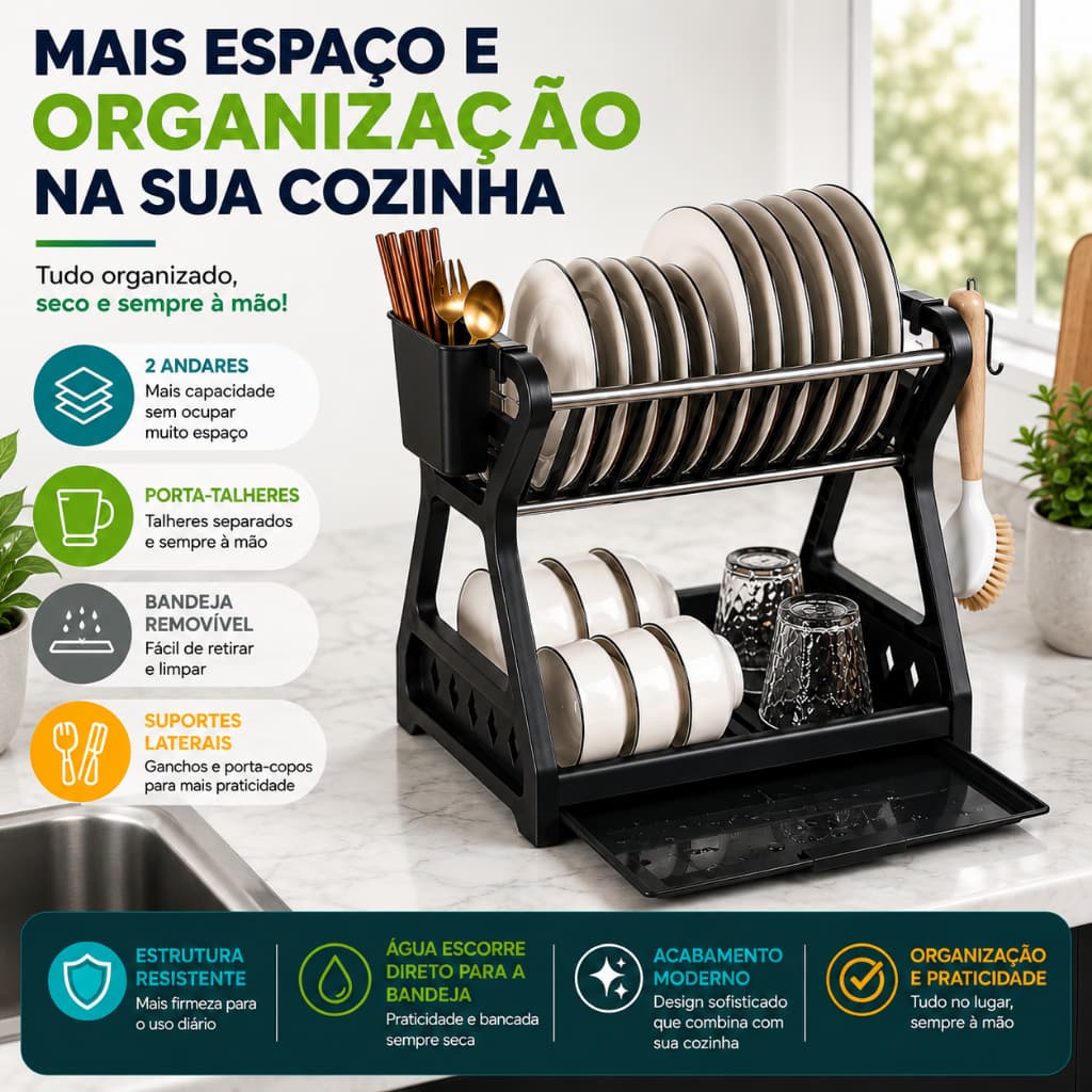 Escorredor de Louças 2 Andares com Porta Talheres Bandeja Removível Porta Talheres Pratos Copos - BH