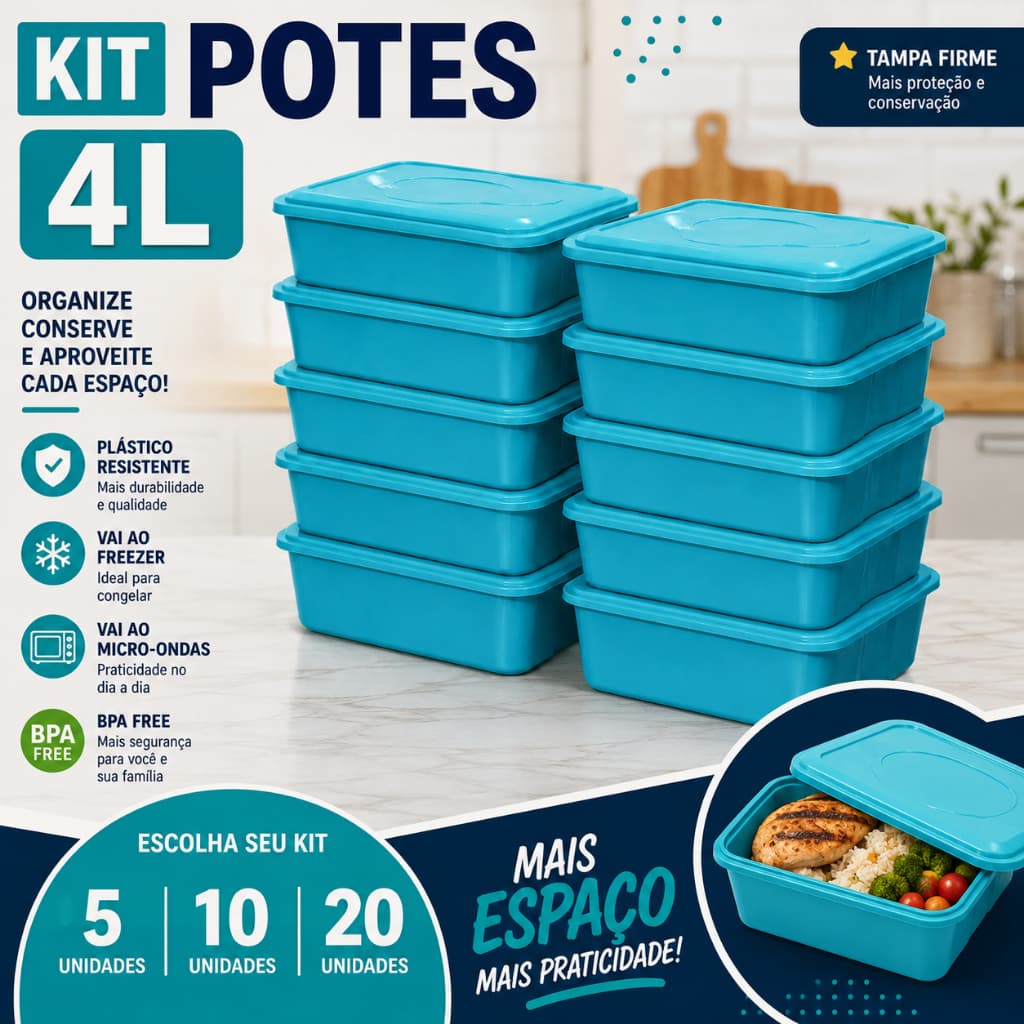 Potes 4L Plástico Organizador Cozinha Mantimentos Marmita Empilhável com Tampa 5 10 20 Unidades