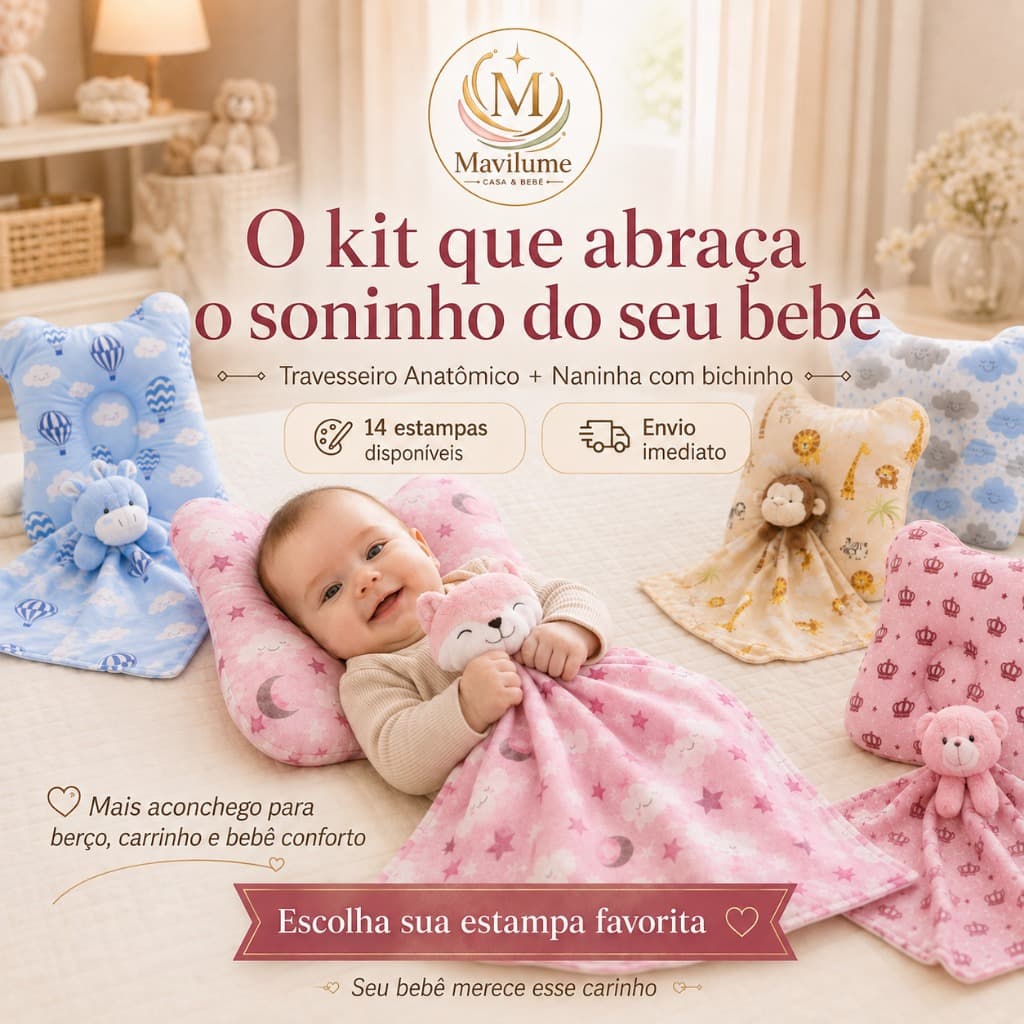 Kit Bebê 2 Peças: Travesseiro Anatômico + Naninha com Pelúcia e Porta Chupeta Algodão