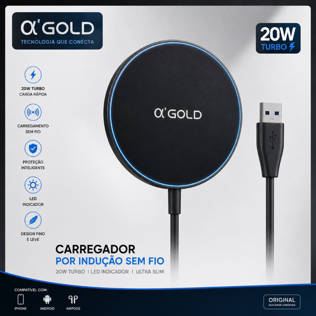 A'gold Carregador Por Indução Sem Fio 20w Turbo Com Led Gold Original, enviado imediatamente Preto