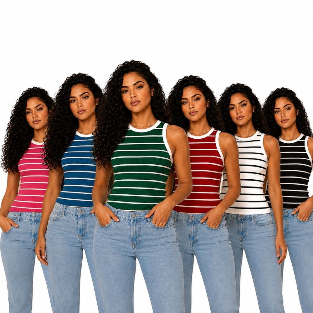 Regata Listrada Feminina Ribana Poliéster Camiseta Básica Bicolor Americana