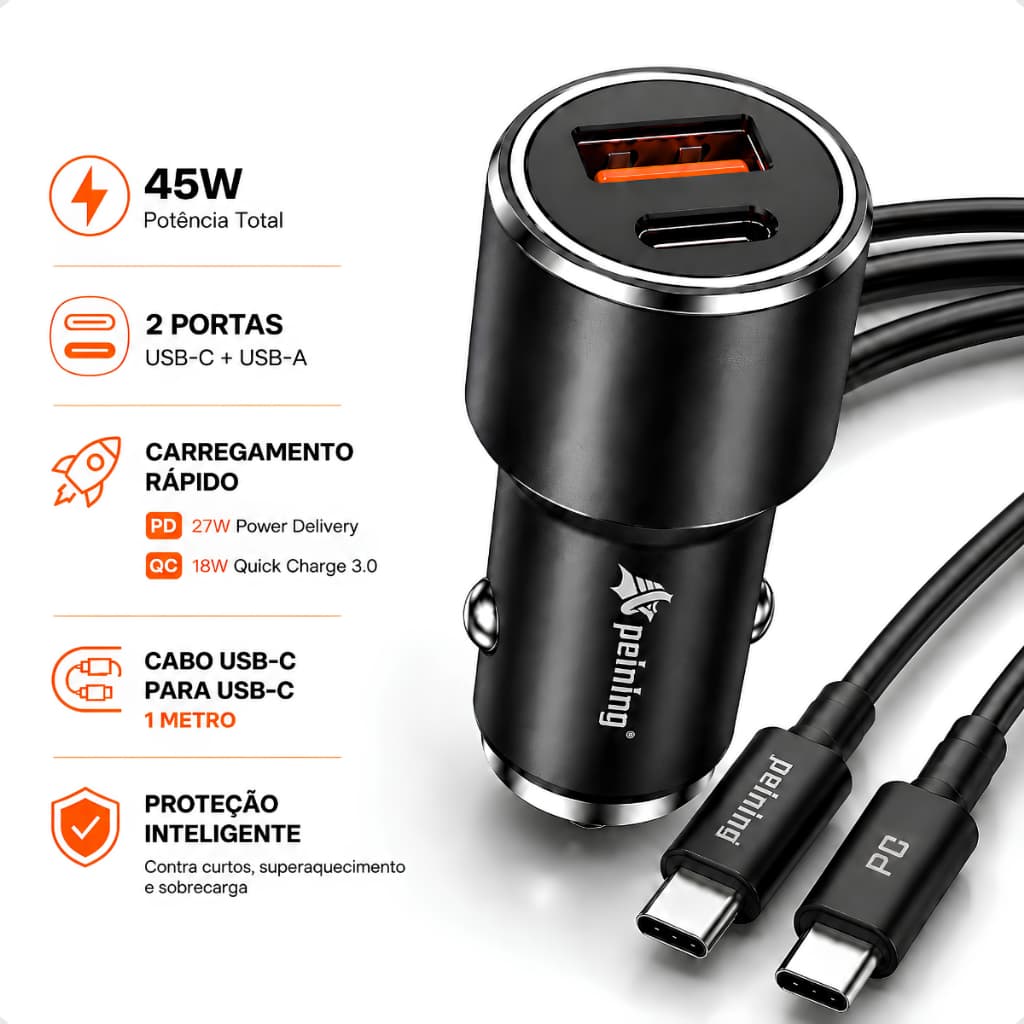 Carregador Veicular Turbo 45W Original Peining Cabo Tipo C