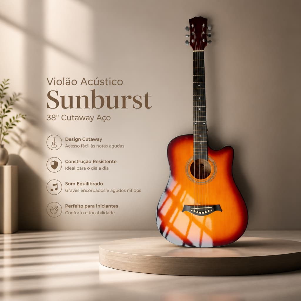 Violão Acústico Cutaway 38 Sunburst Laranja Aço Qualidade