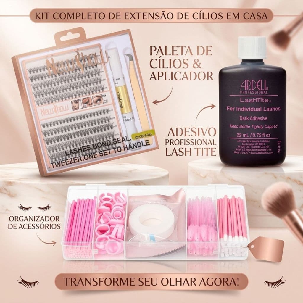 Kit Cilios em Casa New Show Cola Ardell Lanell Salon Pro