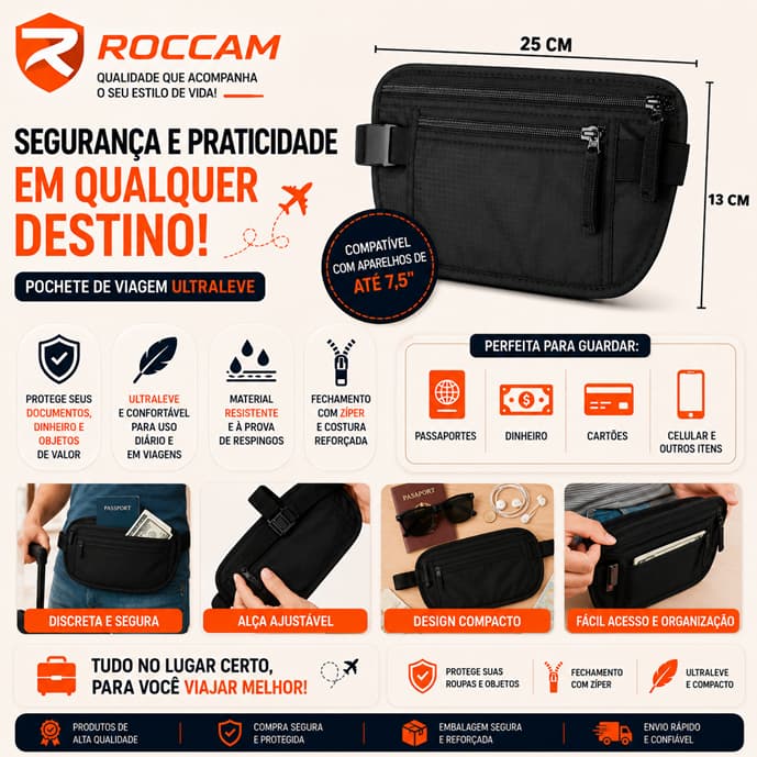 Pochete Doleira Antifurto Invisível Para Viagem Porta Dólar E Documentos