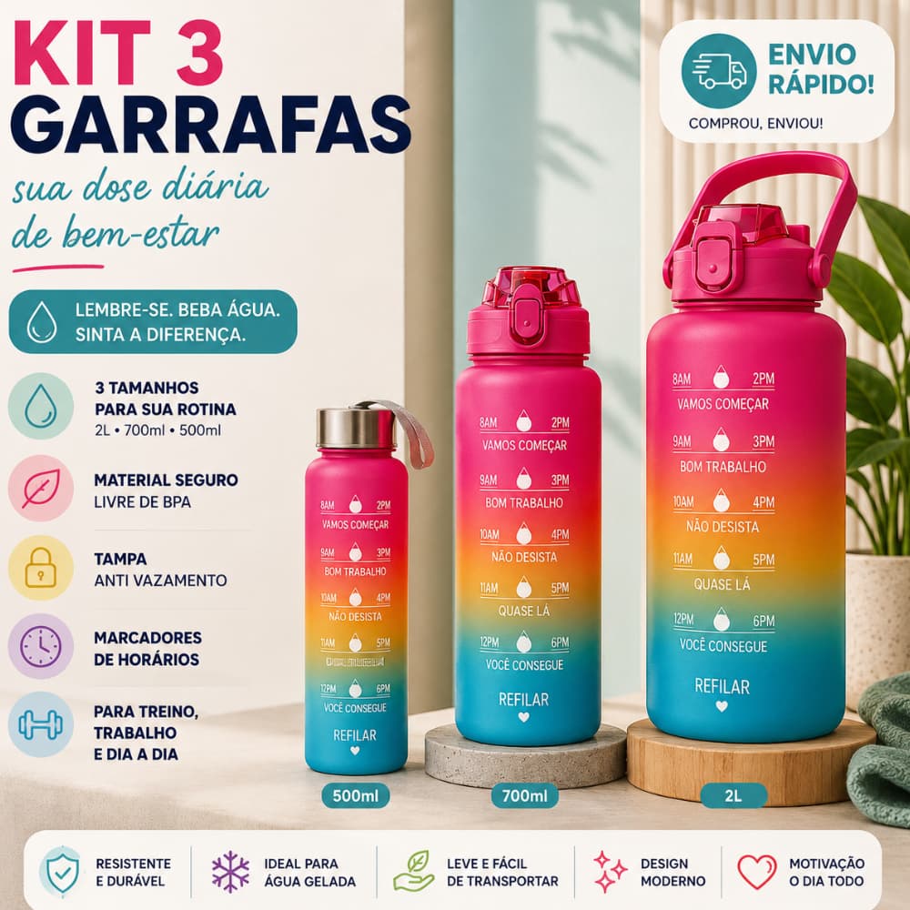 Kit 3 Garrafas Squeeze 2L 900ml 300ml Degradê Motivacional com Marcador de Horários Antivazamento