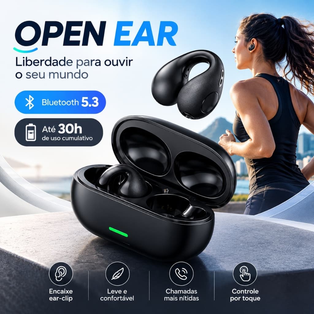 Fone de Ouvido Bluetooth 5.3 Open Ear Ear Clip Sem Fio 30h Touch Esportivo com Estojo