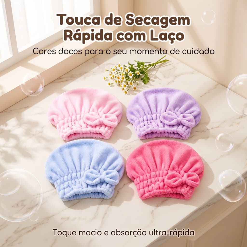 Touca de Secagem Rápida com Laço, Microfibra Veludo Coral Super Absorvente, Touca Toalha para Cabelos Longos
