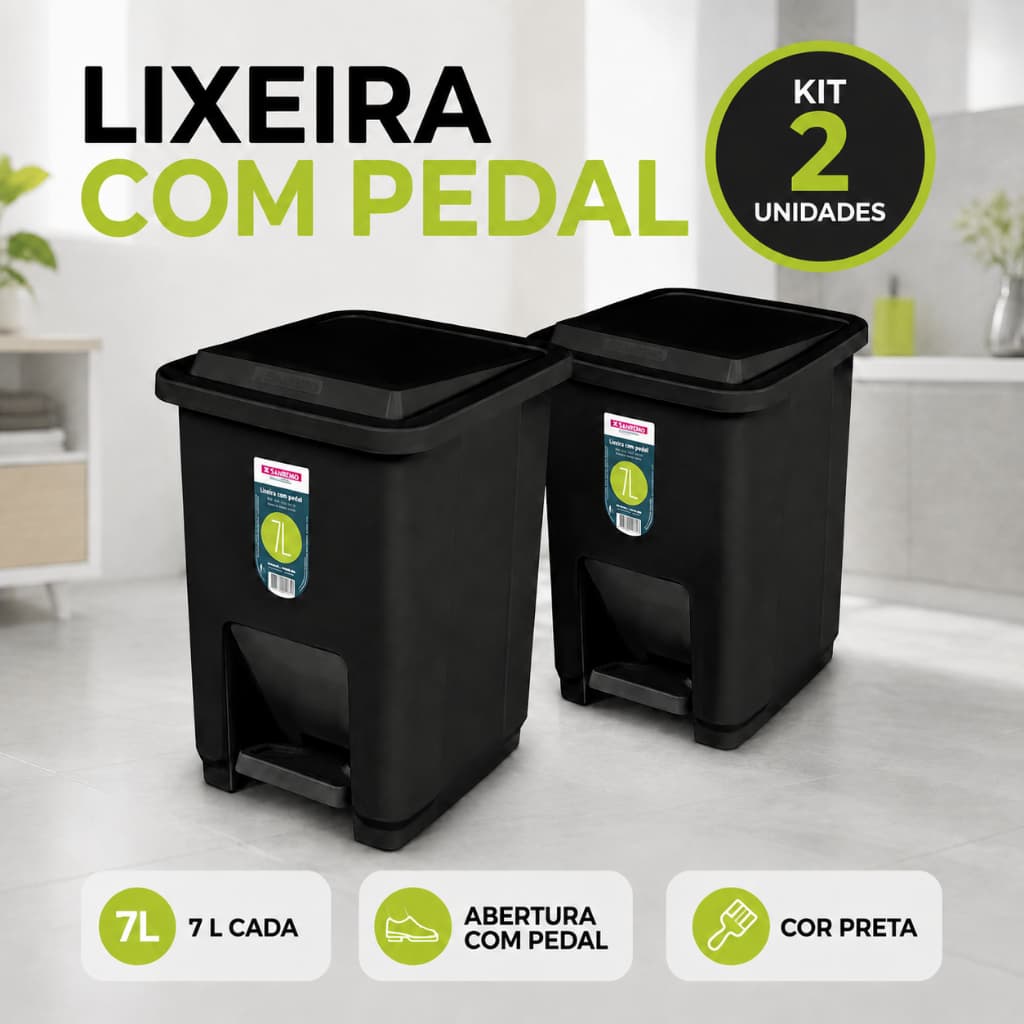 Kit 2 Lixeiras Plásticas Pretas 7 Litros com Pedal e Tampa para Banheiro Cozinha Escritório Quarto e Uso Doméstico