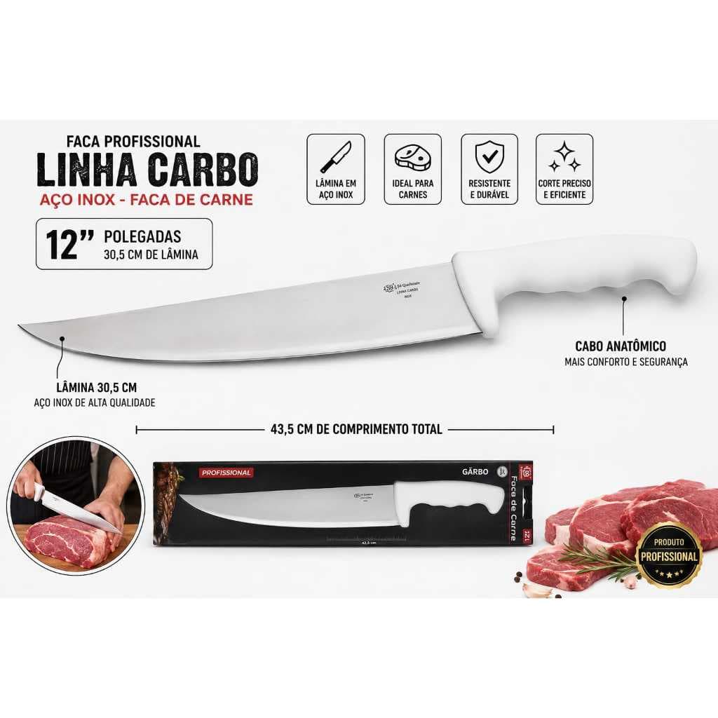 Faca Açougueiro Profissional Inox 12 Pol Linha Carbo