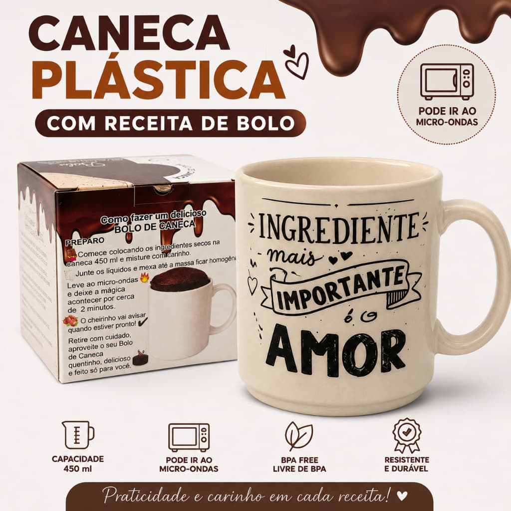 Caneca Plástica 450ml Caixa Com Receita de Bolo Chocolate Presente Cozinha