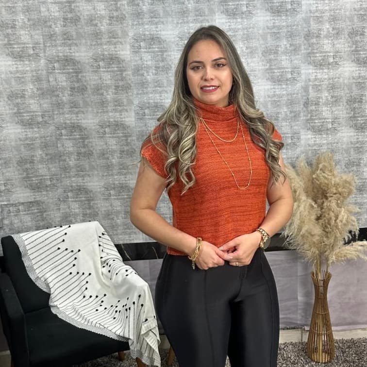 Blusa Feminina Tricot Manga Curta Gola Alta Suéter Tricô  100% Acrílico Elegante