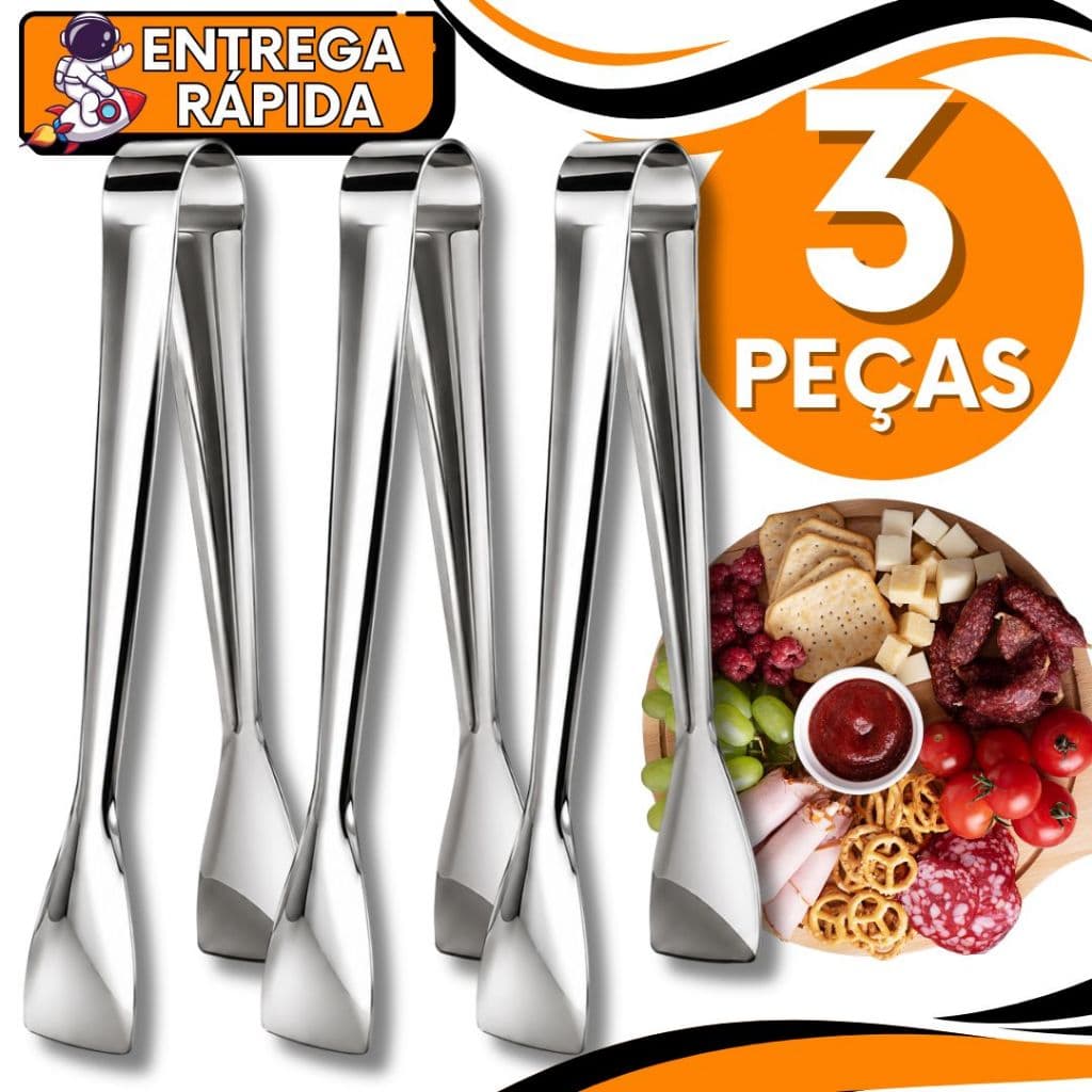 KIT 3 Pegador de Frios Carne Massa Salada Doce Gelo Petisco Pinça Aço Inox Multiuso Cozinha Restaurante Confeitaria