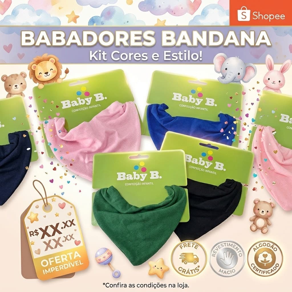 Kit Com Babadores Bandana Tecido Macio Algodão Meninas e Meninos