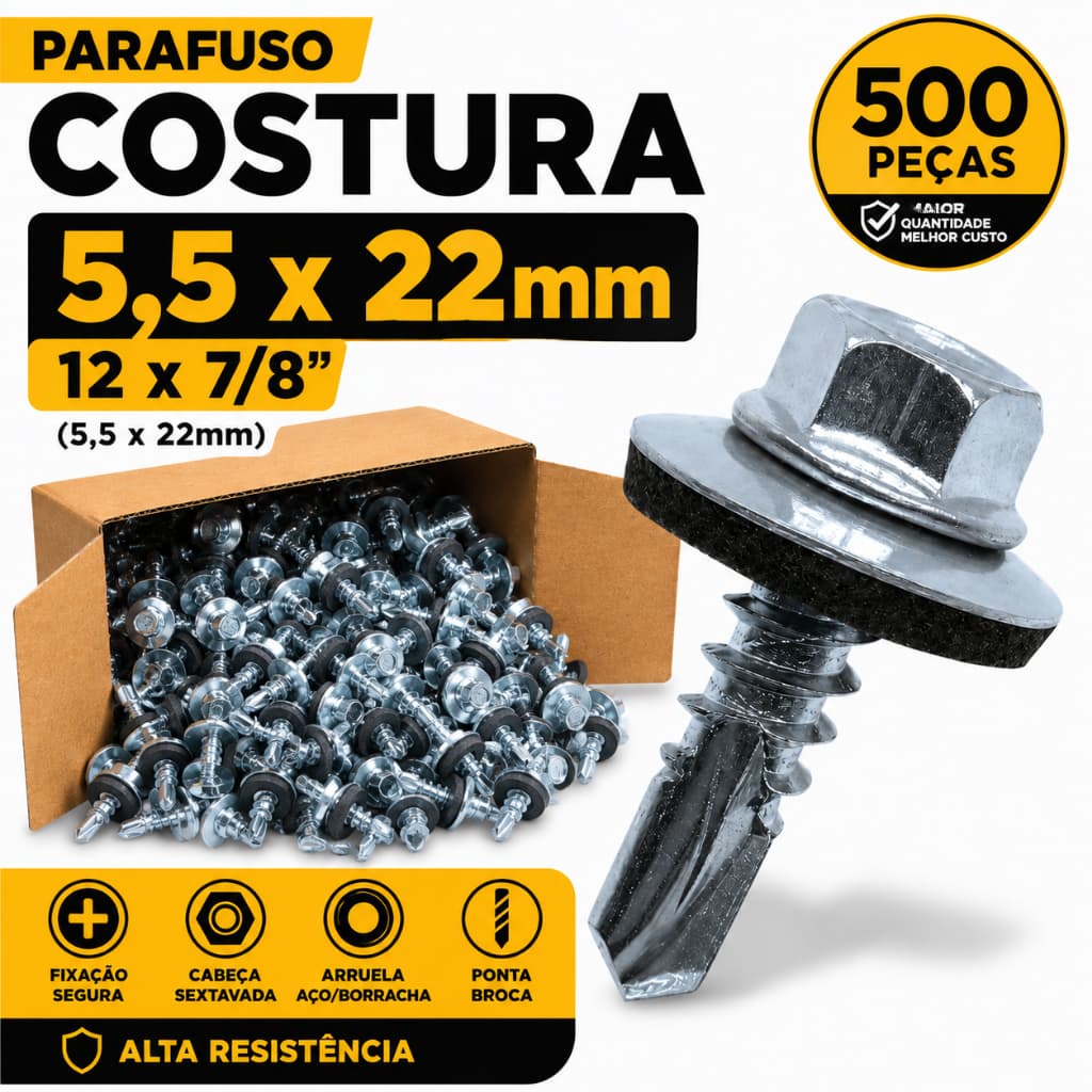 Parafuso Telha 12x7/8 Costura Auto Brocante C/Arruela de Vedação Kit 100 200 ou 500 Peças Fixação Metálica