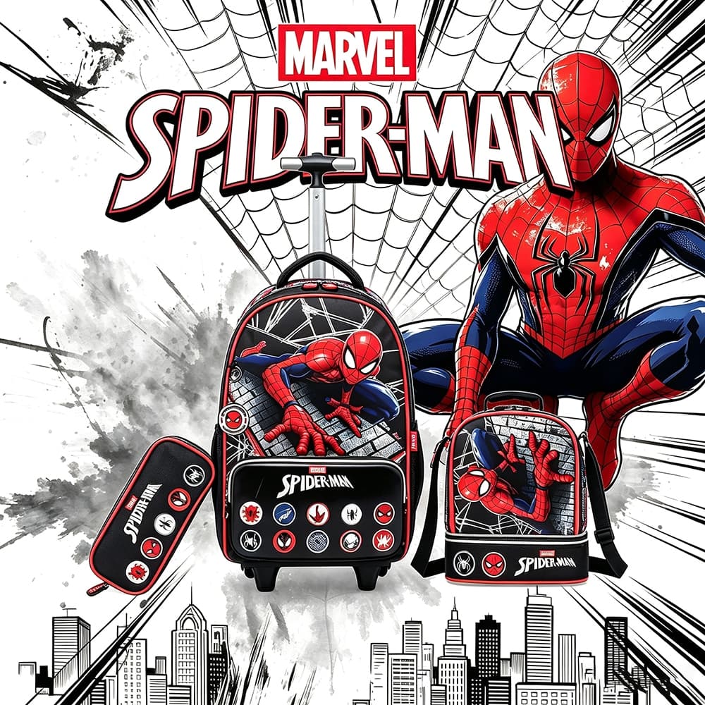 Marvel Conjunto de mochila escolar com rodas do Homem Aranha inclui lancheira térmica+estojo
