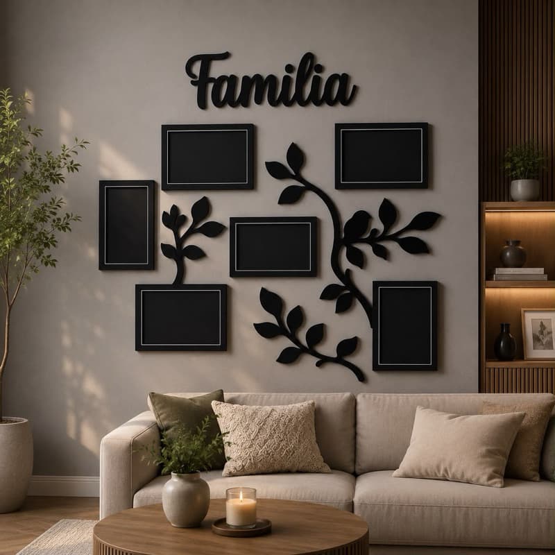 Painel de Fotos Família 6 Fotos MDF Preto | Quadro Árvore da Vida Decorativo para Parede | Porta Retrato Famíli