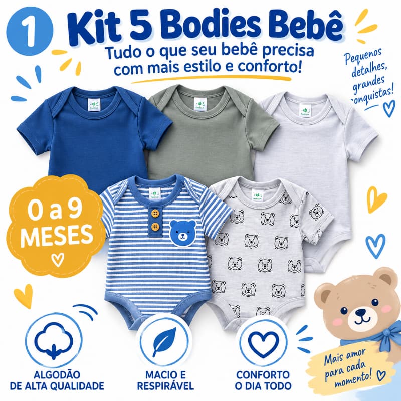 Kit 5 Bodies Bebê Menino Manga Curta Algodão Body Infantil Recém-Nascido 0 a 9 Meses TM-87