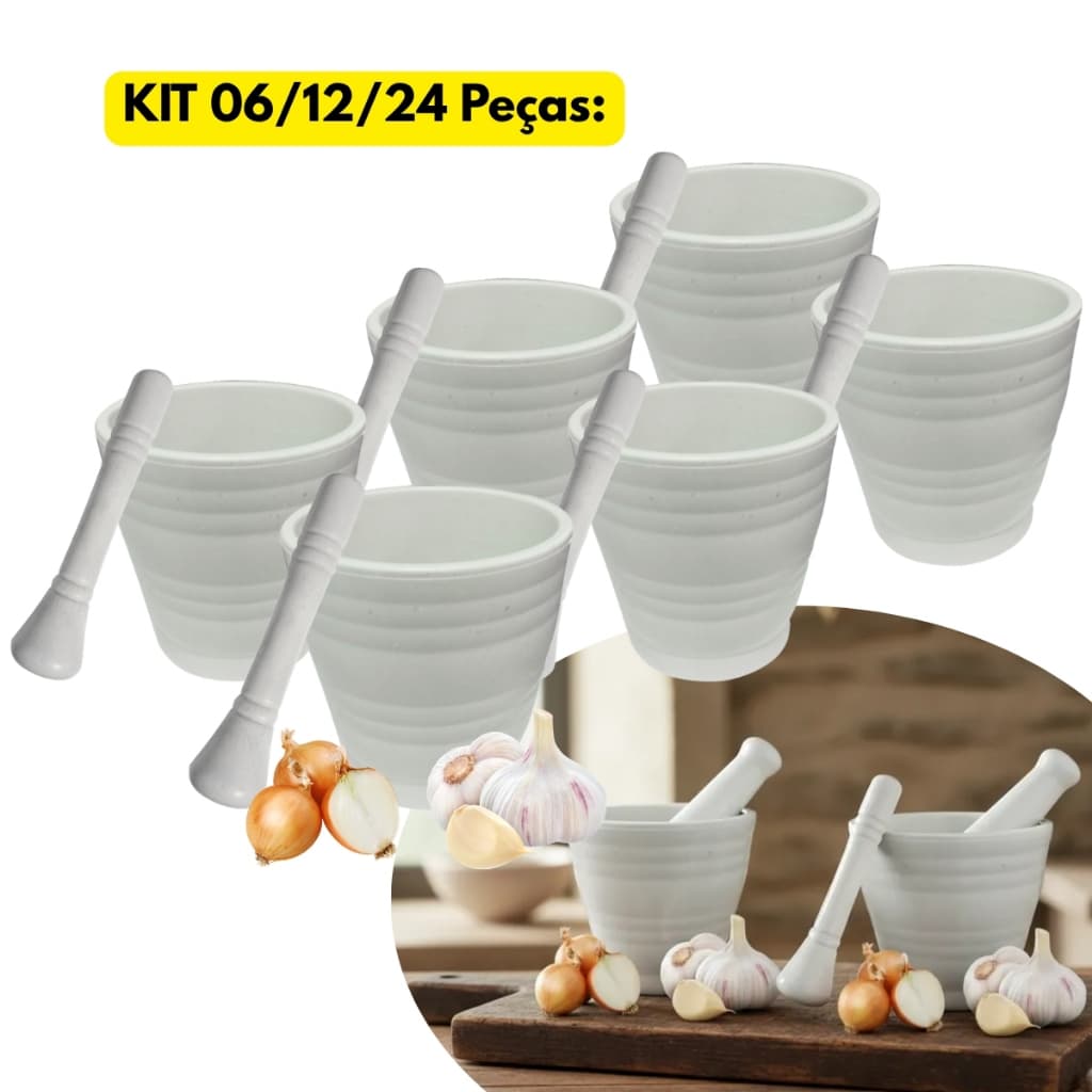 Jogo Kit 06/12/24 Peças C/ Pilão + Socador Alho Caipirinha Cebola Branco Cozinha Plástico Triturar