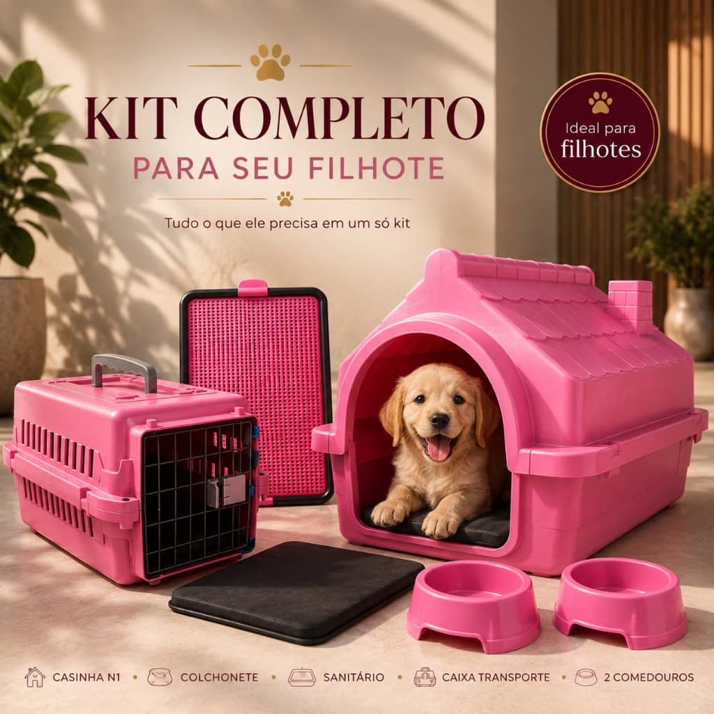 Kit Completo Para Cachorros Filhotes 6 Peças - Casinha N1 + Colchonete + Sanitário + Caixa Transporte + 2 Comedouros
