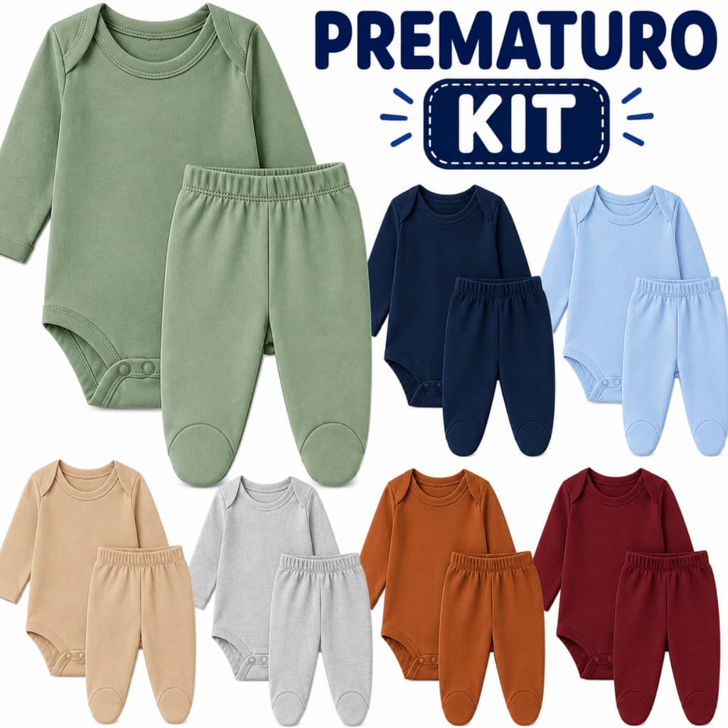 Kit 4 Peças Conjunto Bebê Prematuro Menino Body Mijão Calça Com Pé 100% Algodão Manga Longa Enxoval Recém Nascido
