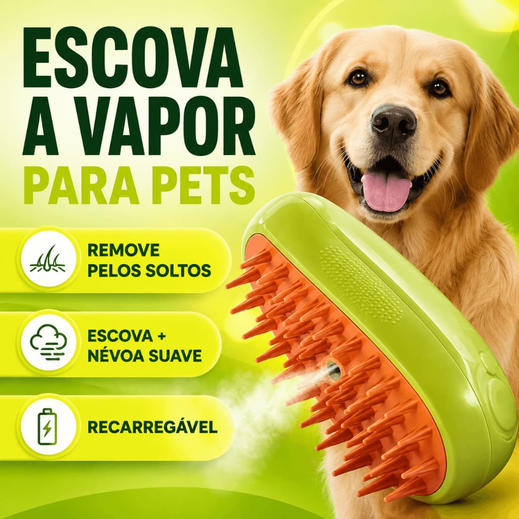Escova a Vapor Pet para Cães e Gatos Removedora de Pelos Massageadora Recarregável 3 em 1