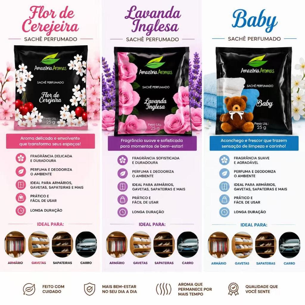 Sachê Perfumado Aromatizador 25g para Armário Gaveta Guarda-Roupa Carro Casa Aroma Duradouro