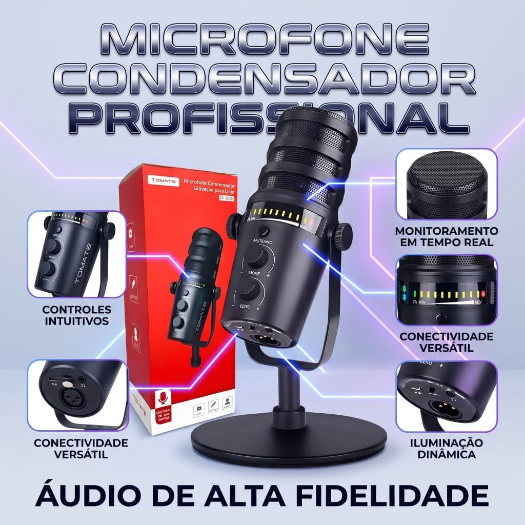 Microfone Condensador Profissional USB e XLR para Estúdio, Live e Podcast com Suporte – MT-1080R