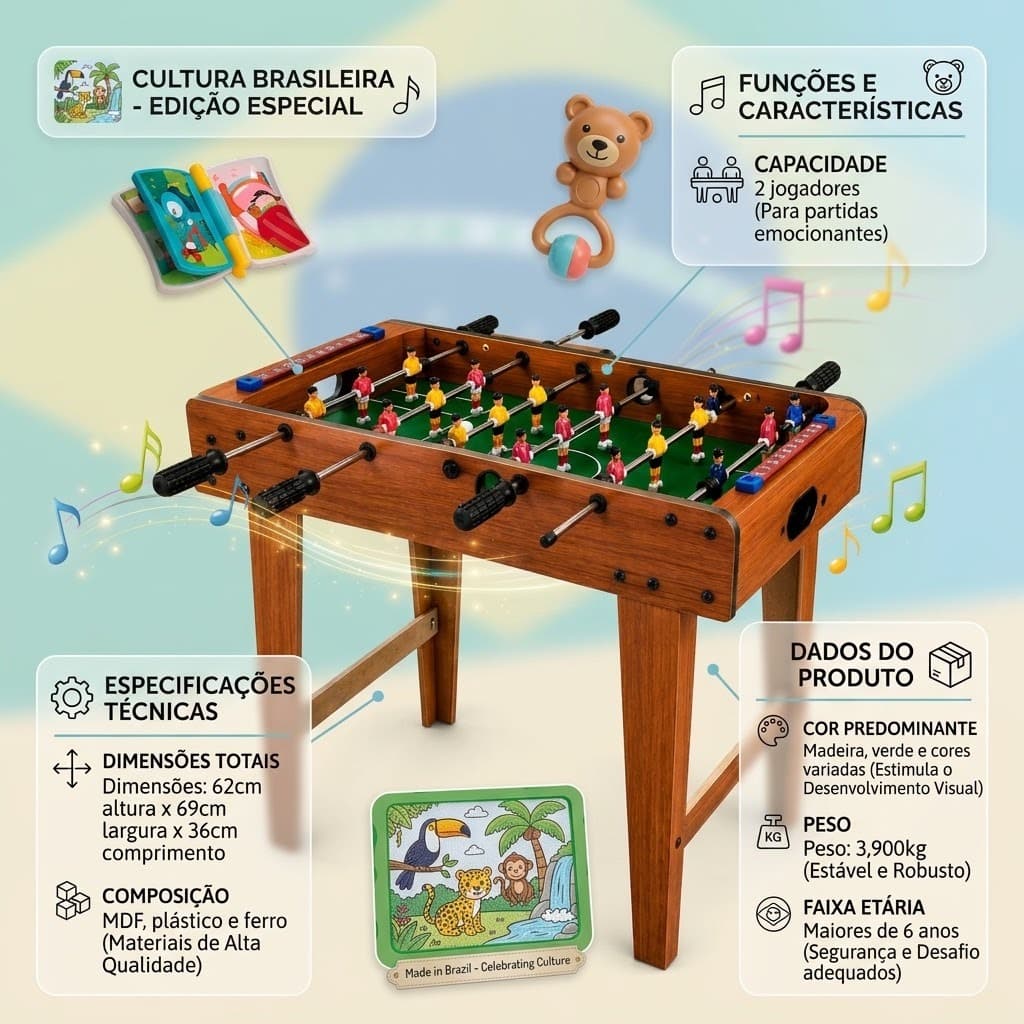 Mini Mesa De Pebolim Infantil Totó Com Pés Madeira 69cm Futebol De Mesa Portátil