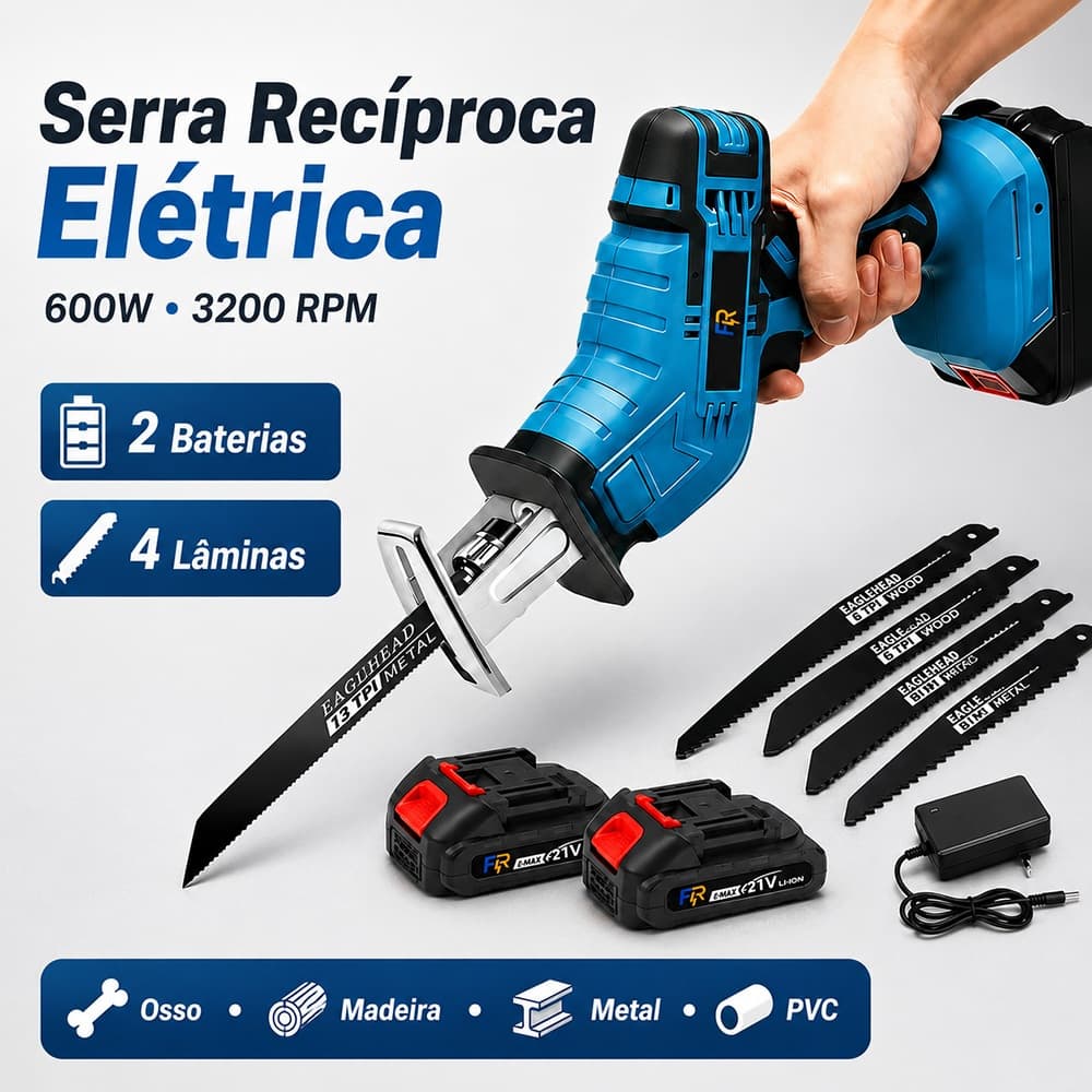 Serra Recíproca Elétrica Sem Fio Portátil Profissional 600W 3200 RPM + 2 Baterias + 4 Lâminas