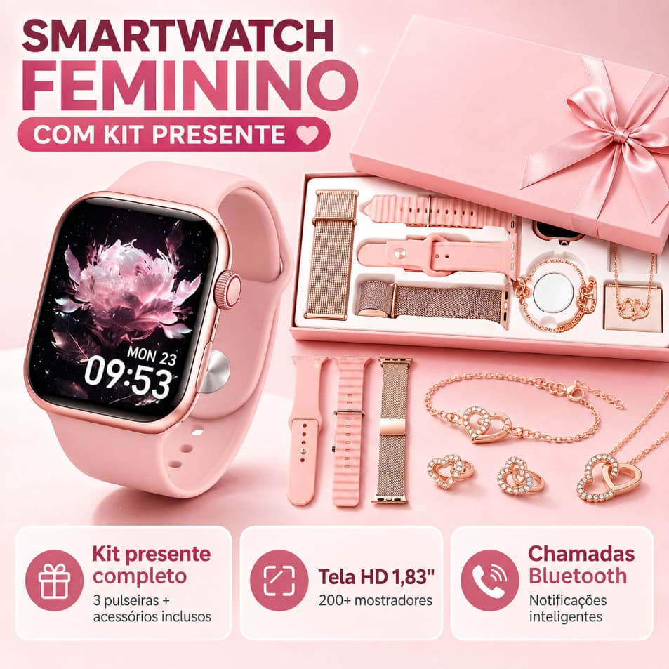 Kit Presente Smartwatch Feminino A11 Mini Personalizar Foto Tela HD 1.83 Compatível iOS Android