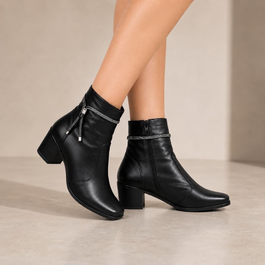 Bota Feminina de Salto Baixo Tira de Brilho Ajustável Removível Duas em Uma Estilo Conforto