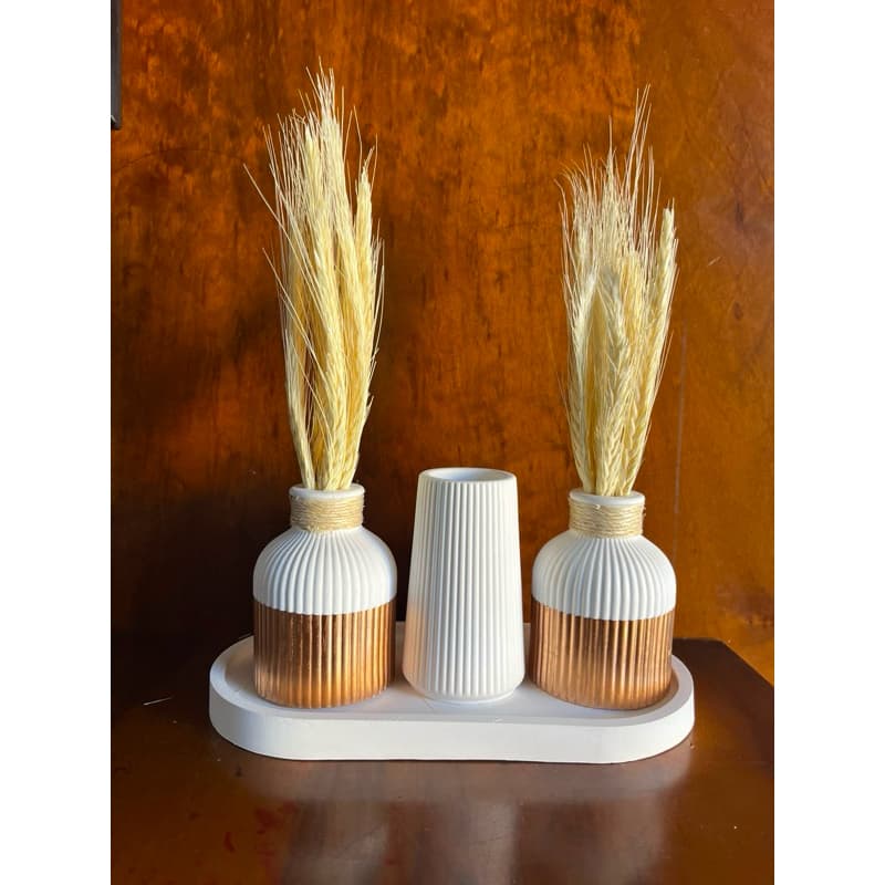 Kit Vaso Decorativo Gesso 6 itens Vasos + Trigo Seco + Bandeja Decoração Minimalista Rack Sala Escritório Presentes