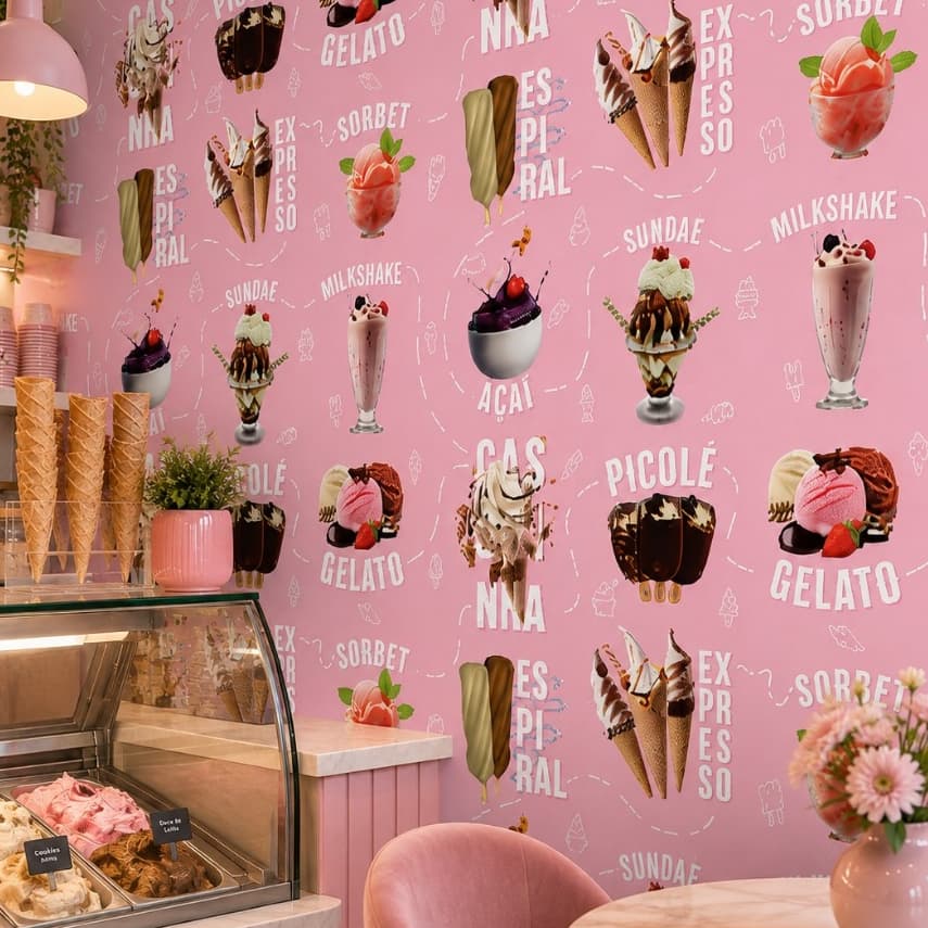 Papel de Parede Adesivo para Sorveteria Doce Sorvete Sundae Milkshake Casquinha Picolé Fundo Rosa