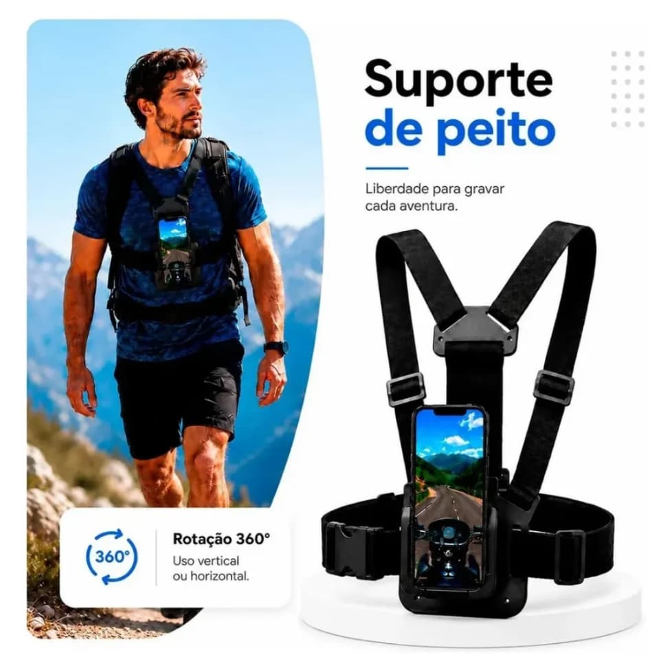 Suporte Peitoral ajustável para celular e câmera GoPro - Filmagem 360°