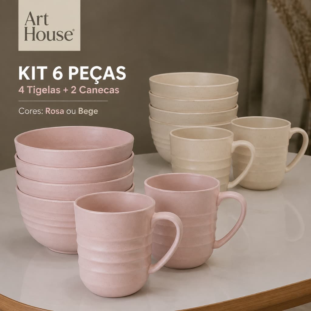 Kit 6 Peças Art House Tones Fibra de Bambu 4 Tigelas 500ml e 2 Canecas 300ml Rosa ou Bege
