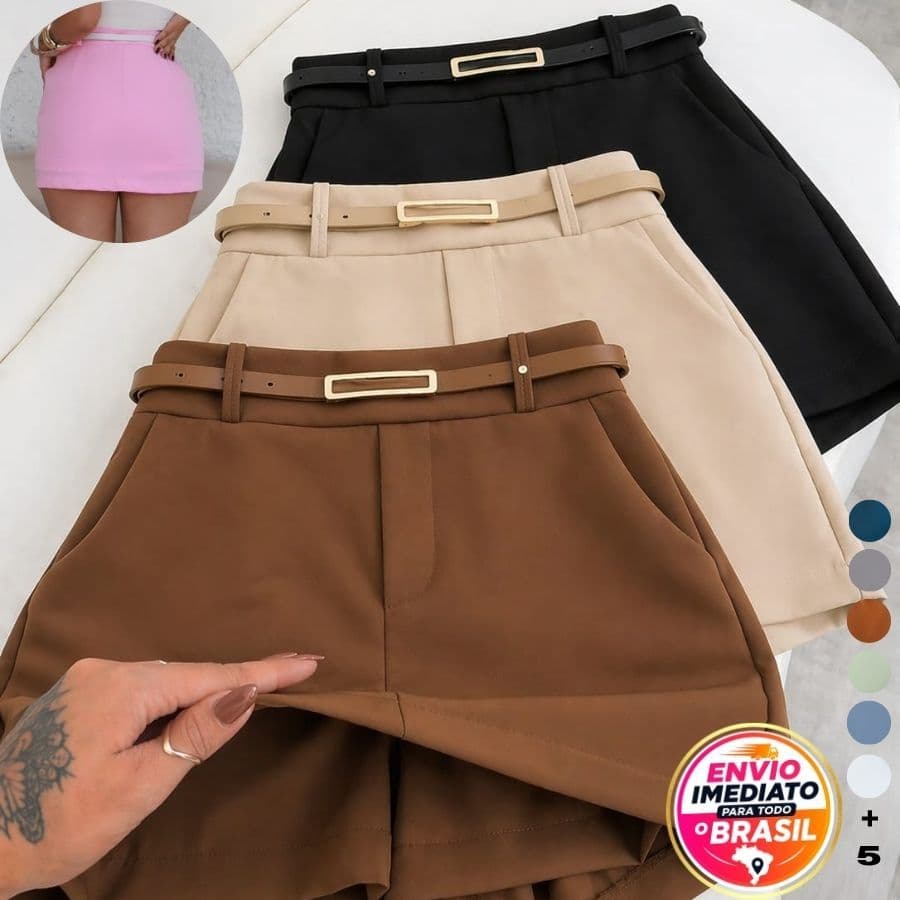 Short Saia Feminino Cintura Alta + Cinto De Couro Confortavel Tendencia