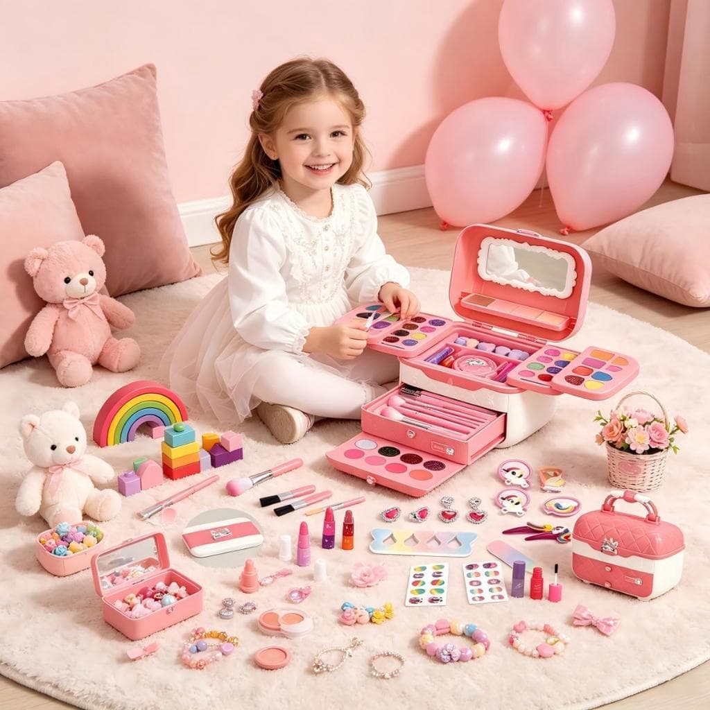 Kit Maquiagem Infantil 72 Peças Lavável Para Meninas Conjunto Portátil Brinquedo De Maquiagem Seguro Para Crianças